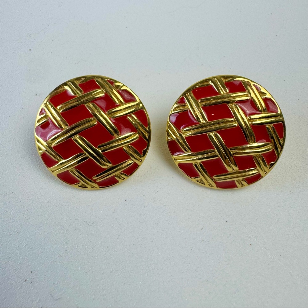 Vintage Givenchy 1980s Red Enamel Gold Tone Round Pierced Earrings Signed Rare